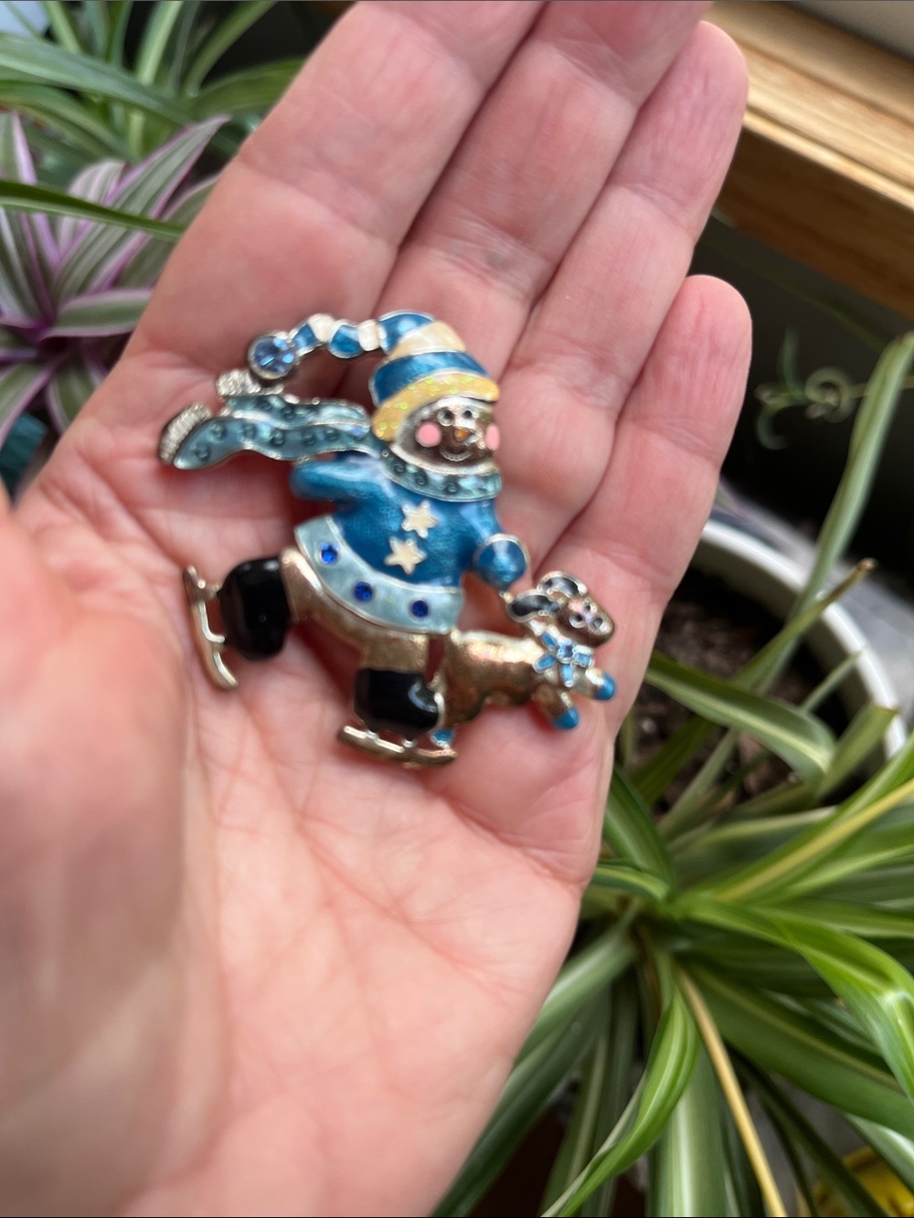 Vtg Enamel Skating Snowman W/Dog Brooch Pin KC Kenneth Cole Winter Christmas